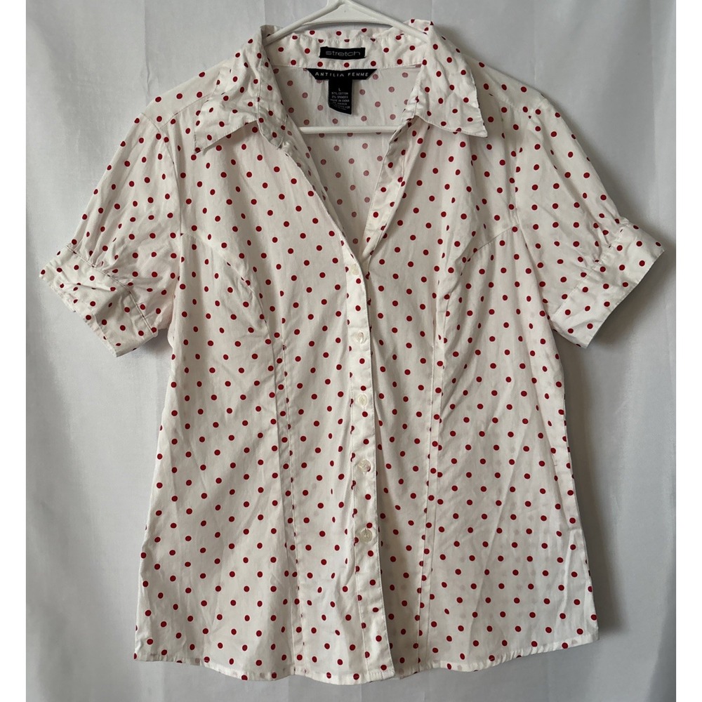 Antilia Femme Blouse L‎ Women White W/Red polka dot button up Stretch S Sleeve